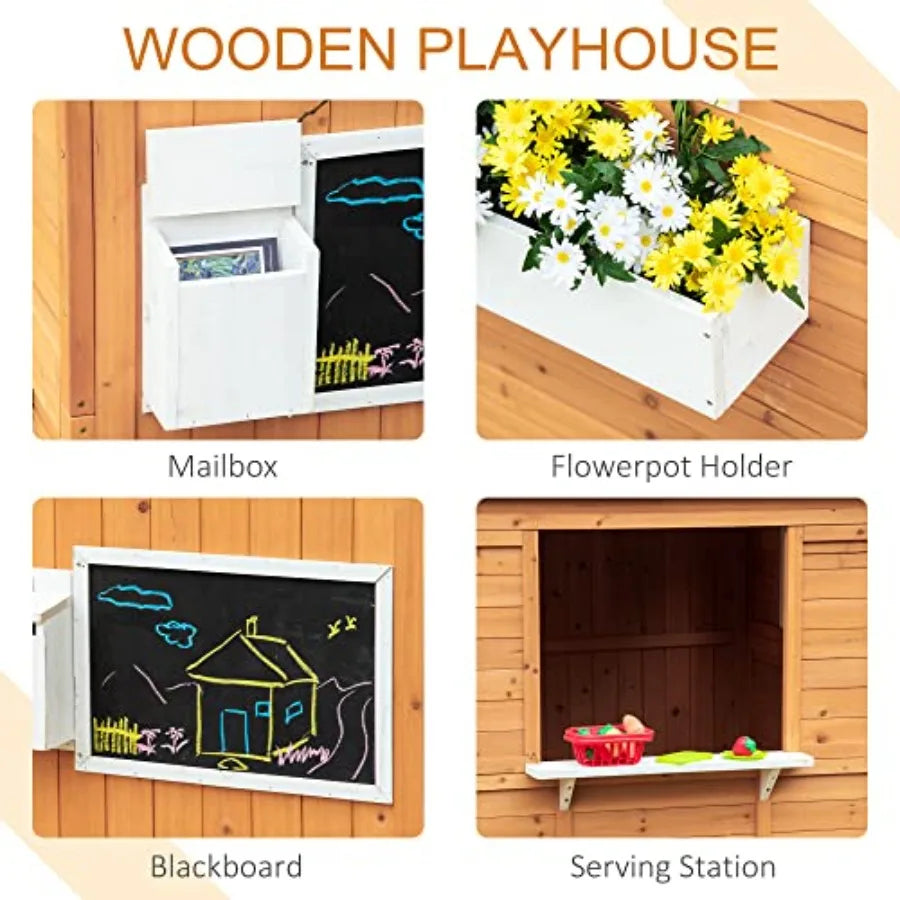 Outdoor Wooden Playhouse For Kids With Working Door, Yellow Finish, Includes Windows, Mailbox, Bench, And Flower Pot Holder