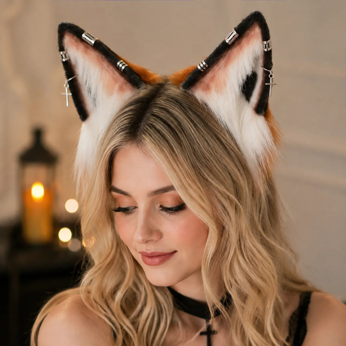 Handmade Faux Fur Fox Ears Headband with Accessories Realistic Furry Animal Ears Hair Hoop Cosplay Costume Headpiece for Halloween Party Festival Rave Outfit Women Adults