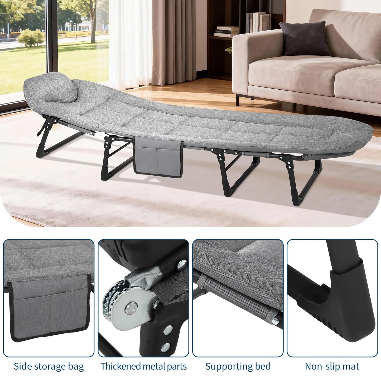 79" Portable Folding Bed with Cushion and Pillow, Camping Cot for Adults with Supports 500 Lbs, Lightweight Tent Cot for Patio Beach Indoor Outdoor
