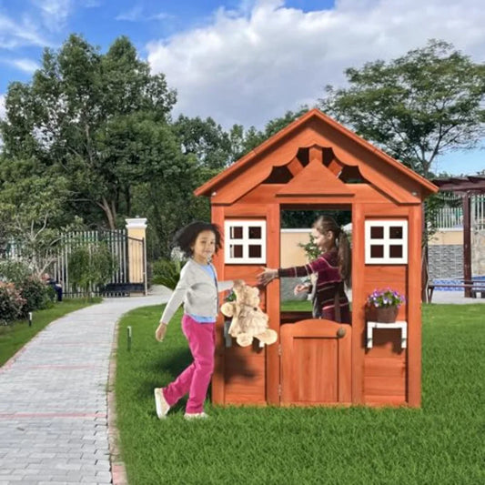 Outdoor Wooden Kids Playhouse For Backyard Use, Solid Wood Construction In Golden Red Color With 2 Windows, Flowerpot Holders,