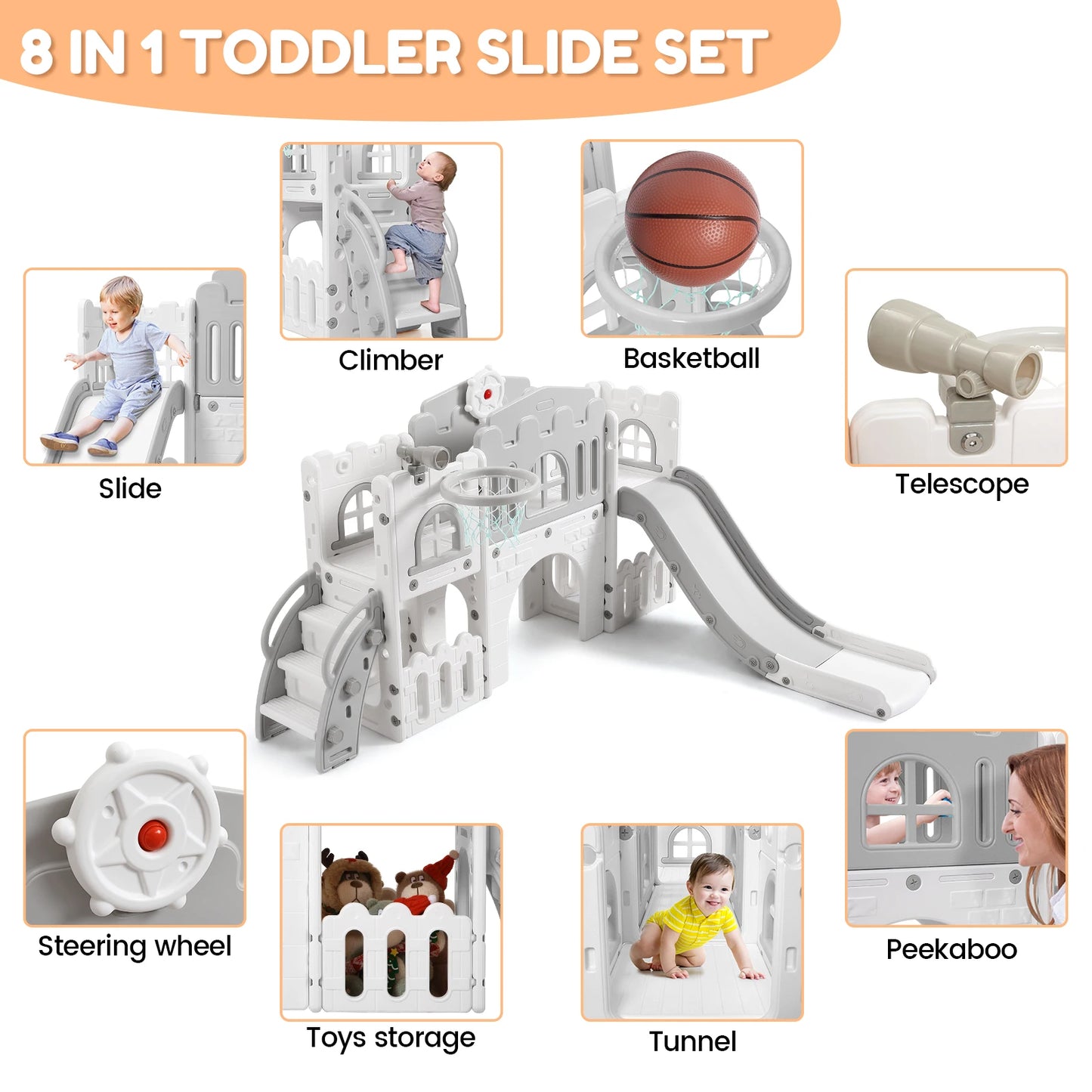 8 in 1 Toddler Slide Indoor Playground, Indoor Slide Toddler Playset for Toddlers  Kids Outdoor Playground with Basketball Hoop,