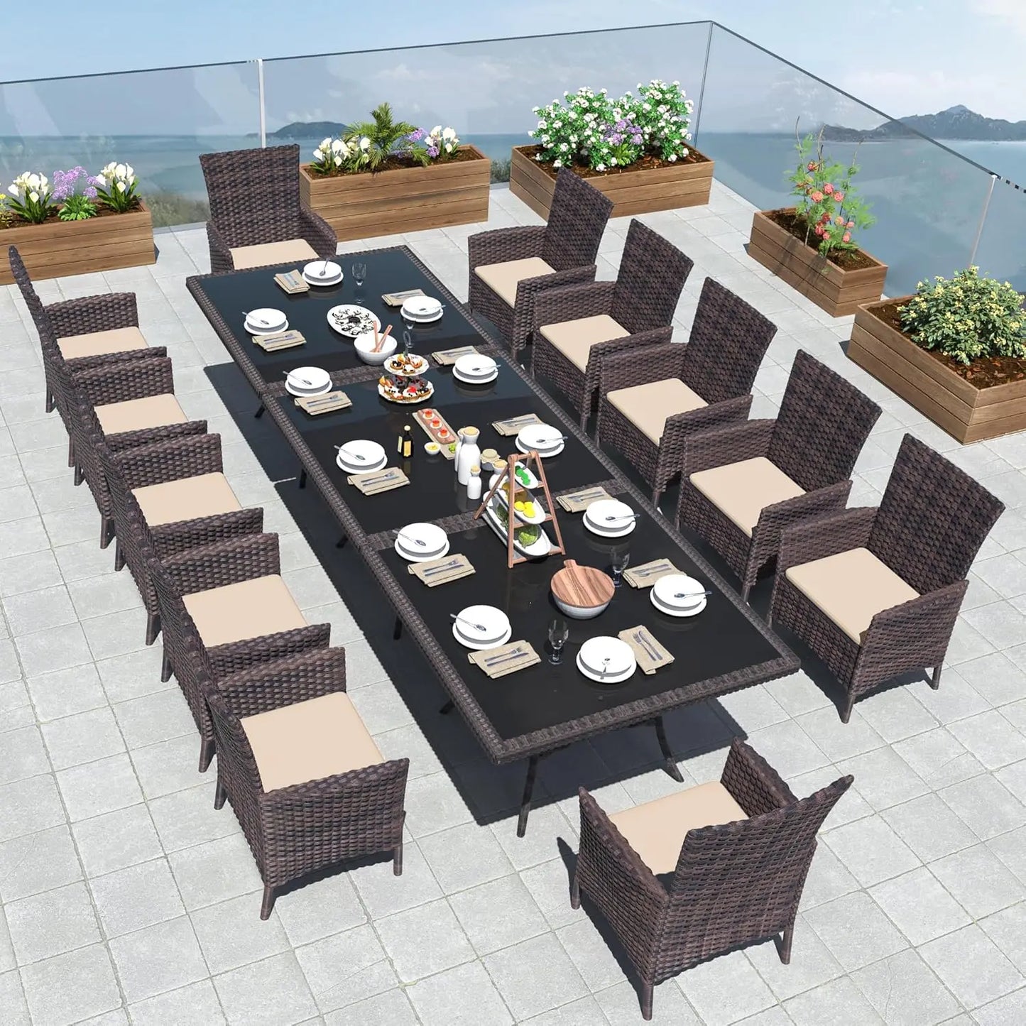 15-Piece Rattan Outdoor Dining Set Square Tempered Glass Table w Umbrella Hole & 12 Chairs Grey Customized