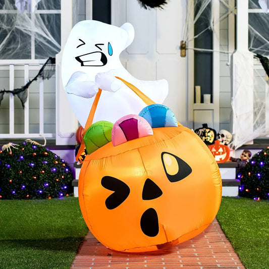 5 FT Tall Halloween Inflatables Outdoor Decorations Cute Ghost Blow Up Ghost Lift Pumpkin Candy Bag with Build-in LEDs For Halloween Gifts
