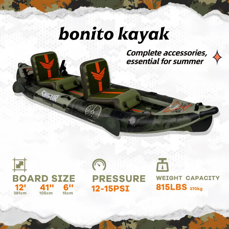 2-Person Inflatable bonito kayak Complete 12'*41" *6" with Paddle & Rod Holders Adjustable Seats and Carry Handle