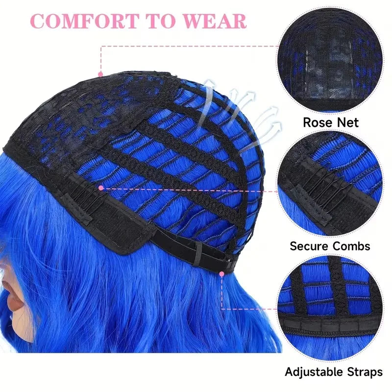 Bob Wig With Bangs 12 Inch Short Wavy Bob Wig Synthetic Blue Orange Pink Yellow Purple Red Wigs For Women Cosplay Halloween Kpop Daily Use
