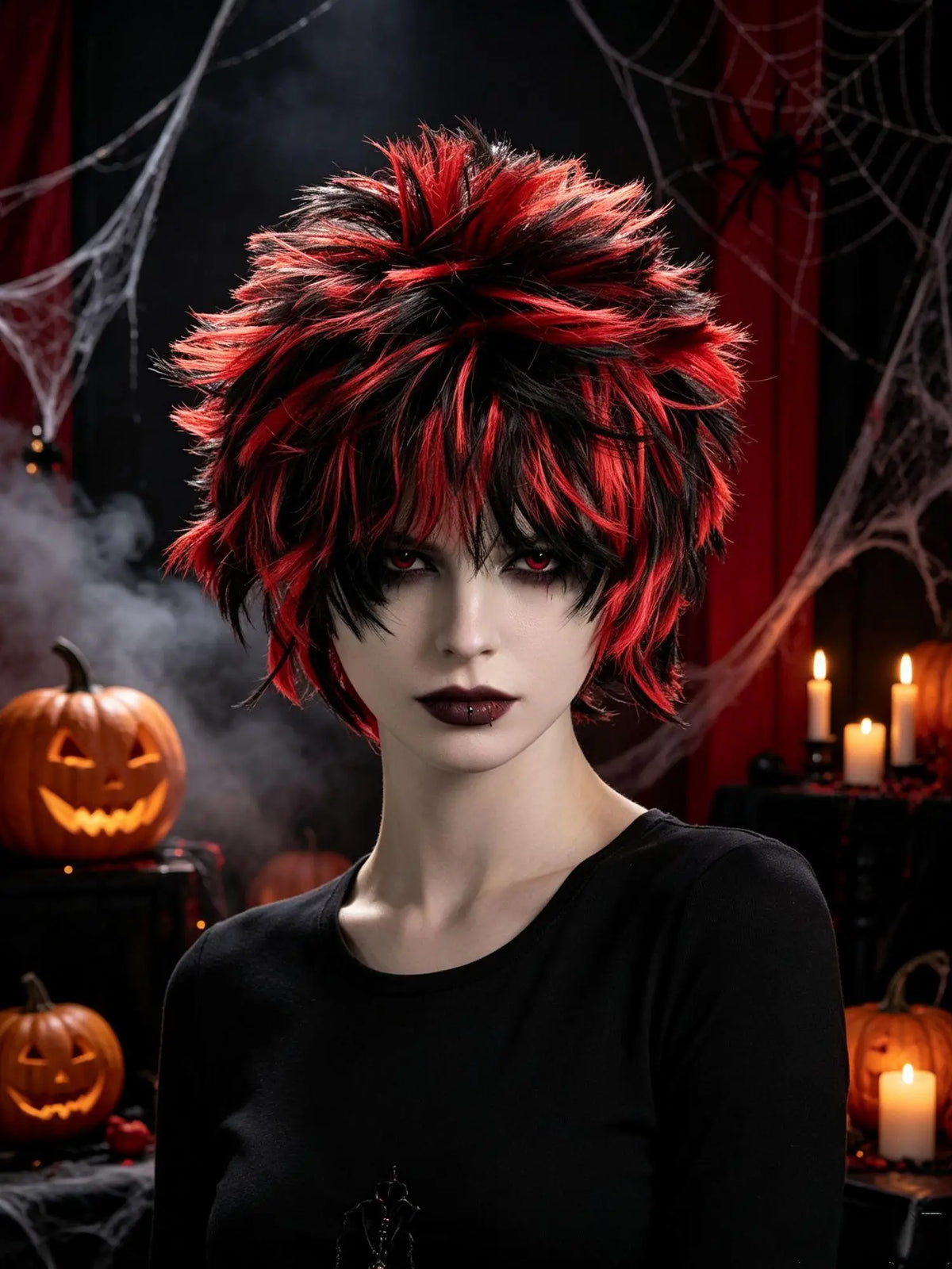 Black Red Spiky Wig Synthetic Short Messy Fluffy Layered Punk Rock Anime Costume Wig Halloween Cosplay Party Carnival 80s