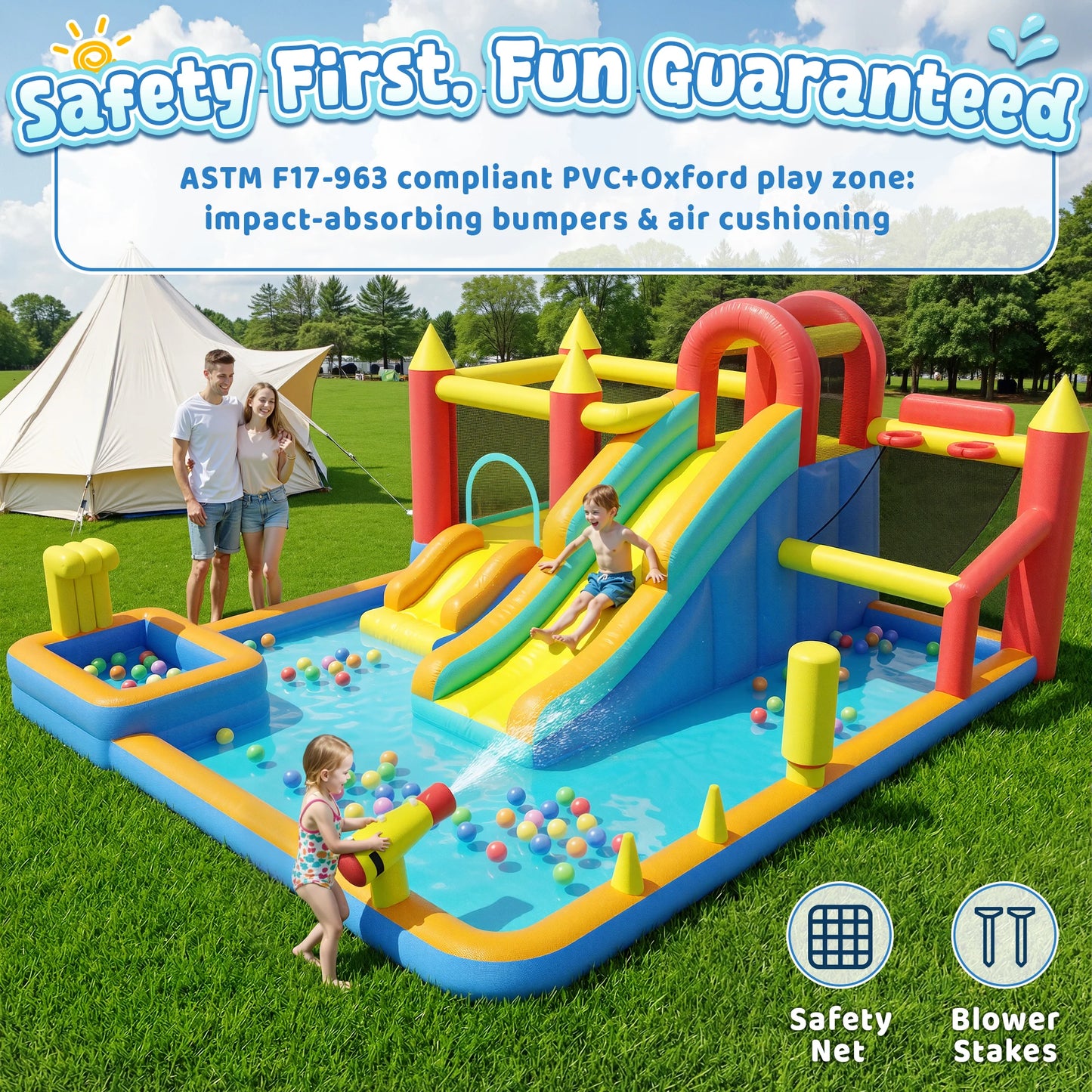 Jump 'n Slide Inflatable Bouncer for Kids, Heavy Duty Blower, Stakes Repair Patches Storage Bag, Indoor Outdoor Bounce House