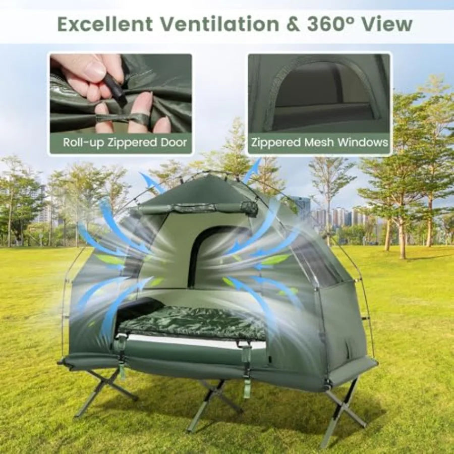 Camping Tent Cot 5-in-1 Folding Camping Bed with Air Mattress Pillow Sleeping Bag Waterproof Elevated Tent Shelter Portable Out