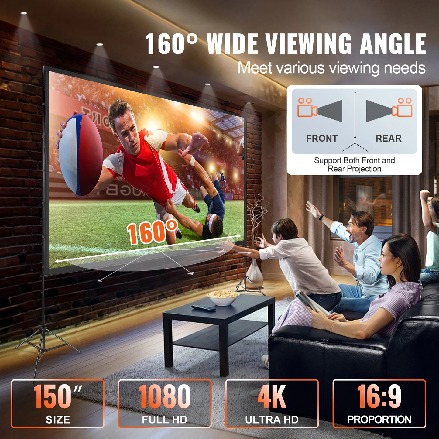 Projector Screen w/ Stand 150in 16:9 4K 1080 HD Portable Projection Screen for Home Office Garden Moive Theater Cinema