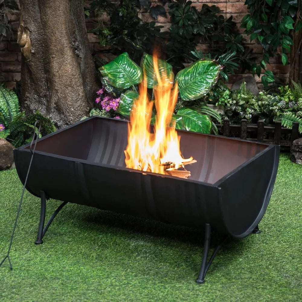 35-Inch Large Oval Barrel Wood Burner Firepit Patio Firebowl for Outside Use - Outdoor Wood Burning Fire Pit with Spark Screen