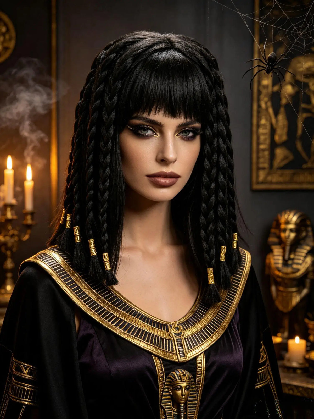 Black Braided Bob Wig Synthetic Short Bangs Gold Beads African Egyptian Queen Costume Wig Halloween Cosplay Party Carnival
