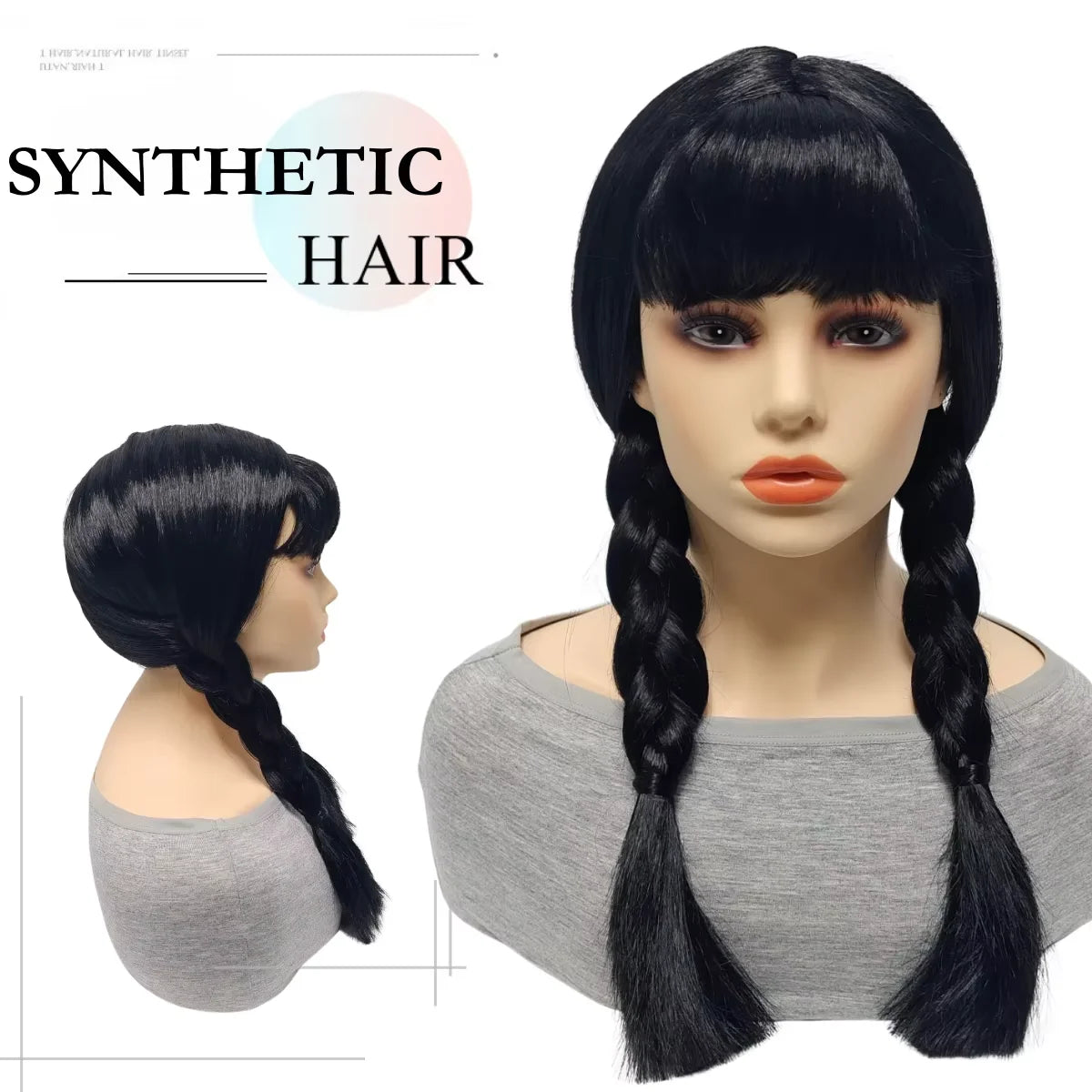 Black Synthetic Fiber Heat Resistant Low Shedding Cosplay Wig with Bangs Double Braids Side Long Hair Shiny Smooth Adjustable Cap for Women Girls Party Halloween Costume Role Play Stage Show Photo Shoot Daily Use
