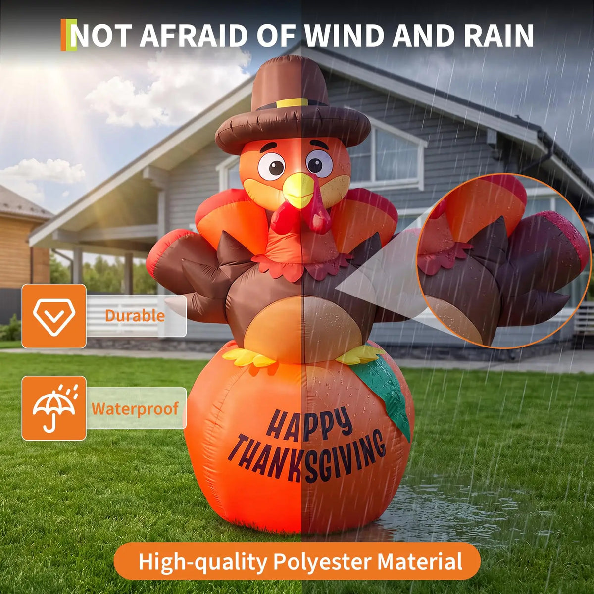 6ft Thanksgiving Pumpkin Turkey Inflatable Yard Decor With 7 Led Lights, Blower, Stakes & Ropes For Lawn Porch Garden Party Home