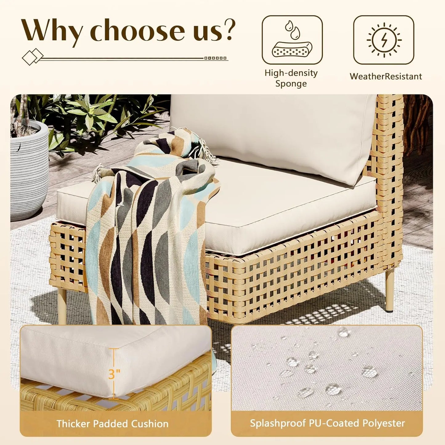 7 Piece Wicker Outdoor Sectional Sofa Set with Coffee Table All Weather Cushions Backyard Porch Large Hand Knitting, Customized