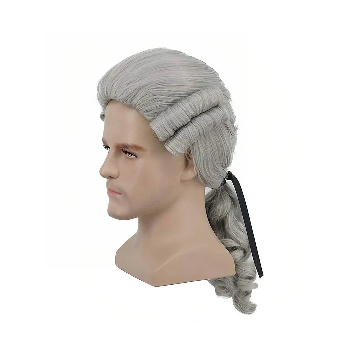 **White Colonial Wig Synthetic Long Curly Ponytail 18th Century Historical Judge Barrister Costume Wig Halloween Cosplay Party
