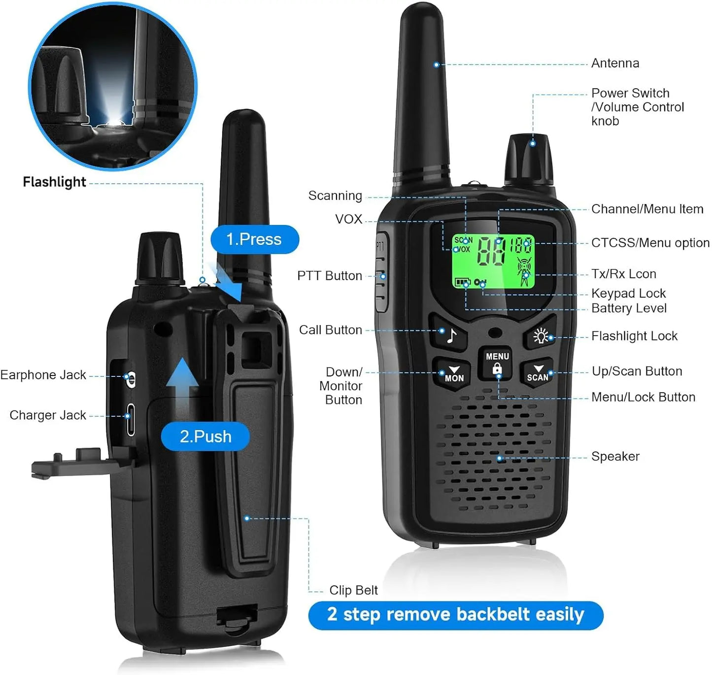 Long Range Rechargeable Walkie Talkies, 22 Channels with Noise Reduction & LED Flashlight, 6 Pack Black