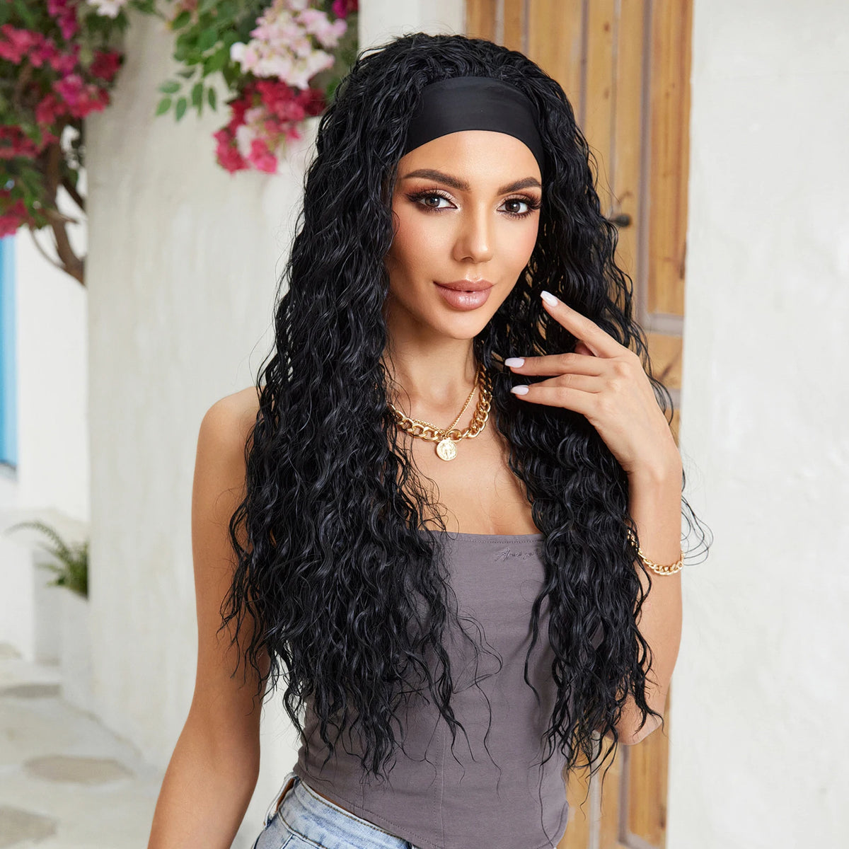 Halloween Wig TopShe Headband Wig Long Body Wave Wig with Headband Blanck Curly Synthetic Wig for Woman 26inch Heat Resistant Fiber Kinky Curly Wave Glueless Daily Party Cosplay Costume Soft Natural Looking