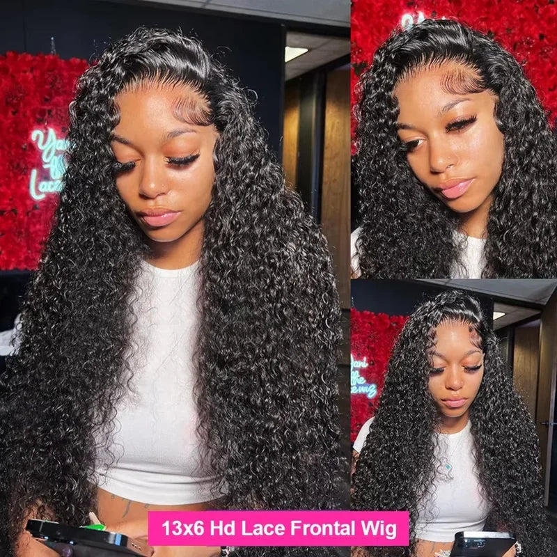 40 Inch Jerry Curly Human Hair Wig 13x4 13x6 HD Transparent Lace Front 250% Density Pre-Plucked with Baby Hair Deep Curly Water Wave Natural Black for Women Halloween Season