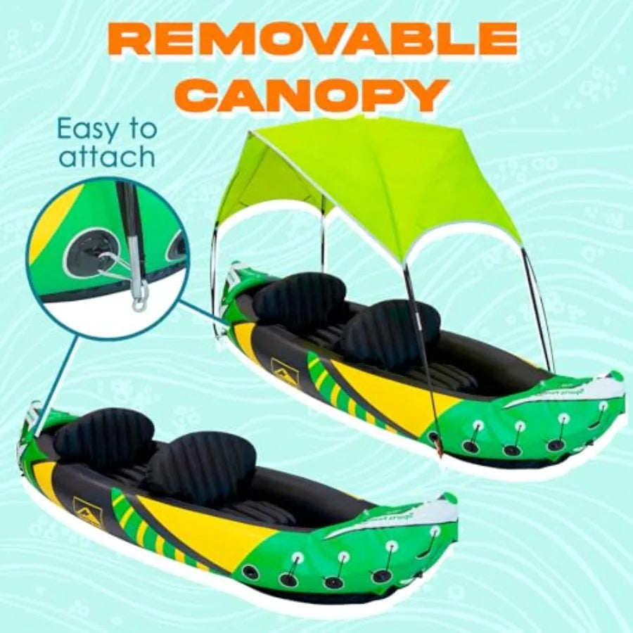 Inflatable Kayak 2 Person with Detachable Sun Canopy Heavy-Duty Tandem Kayak for Adults Reinforced Paddles Waterproof