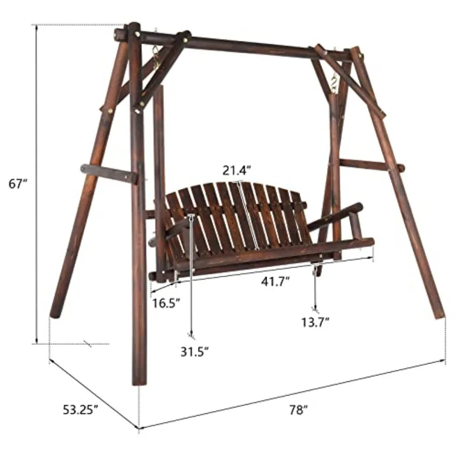 Patio Porch Swing Set 67in Wood Log Swing Stand with Bench Loveseat Stable A-Frame for Patio Backyard Deck Carbonized