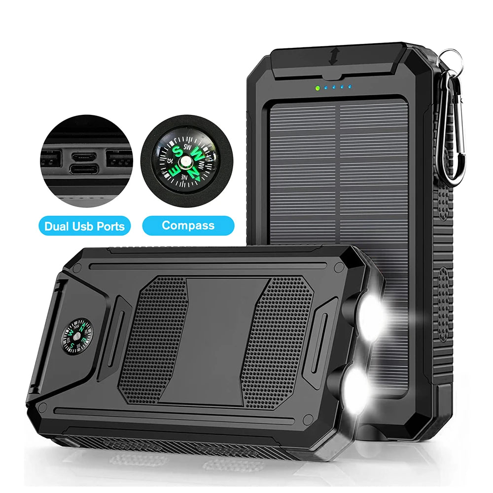 30000mAh Solar Power Bank Portable Dual 5V USB Ports 2 LED Light Flashlight Fast Charging for iPhone Samsung Tablets