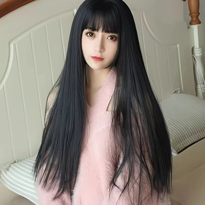 Black Long Straight Hair Synthetic Wig for Halloween Party Cosplay Wig for Daily Use, High-Temperature Hair Accessory Wig