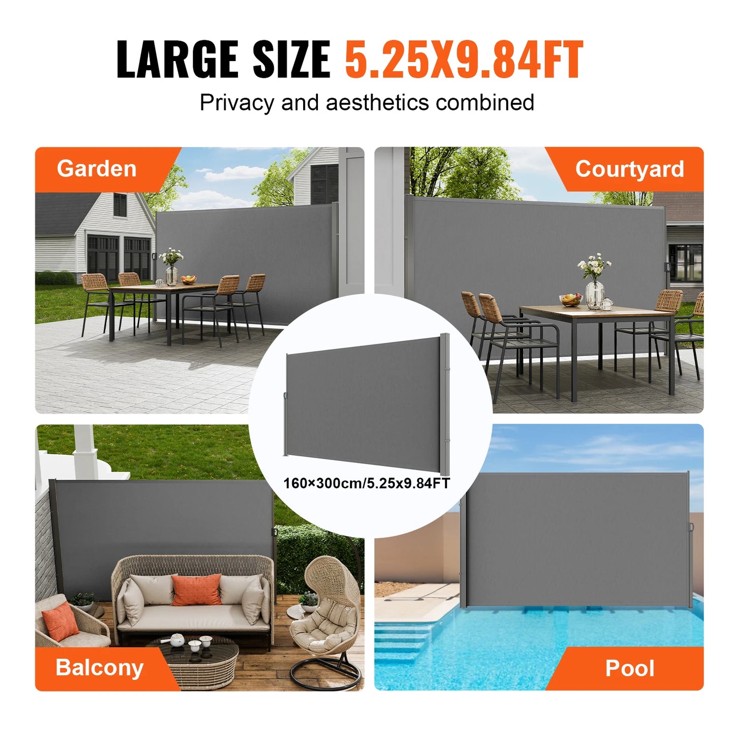 SucceBuy Retractable Side Awning Outdoor Privacy Polyester Water-proof Retractable Patio Screen UV 30+ Room Divider Wind Screen