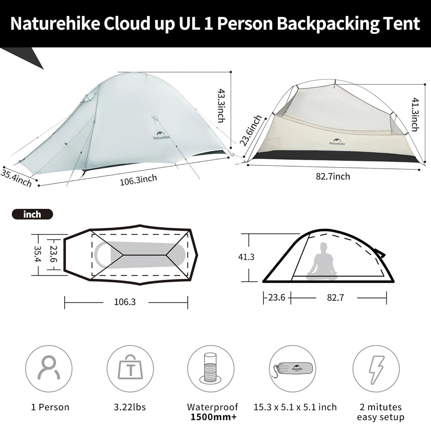 Naturehike Cloud Up UL 1/2 Person Tent Ultralight Camping Tent Double Layer Waterproof Backpacking Tent Outdoor Hiking Tent