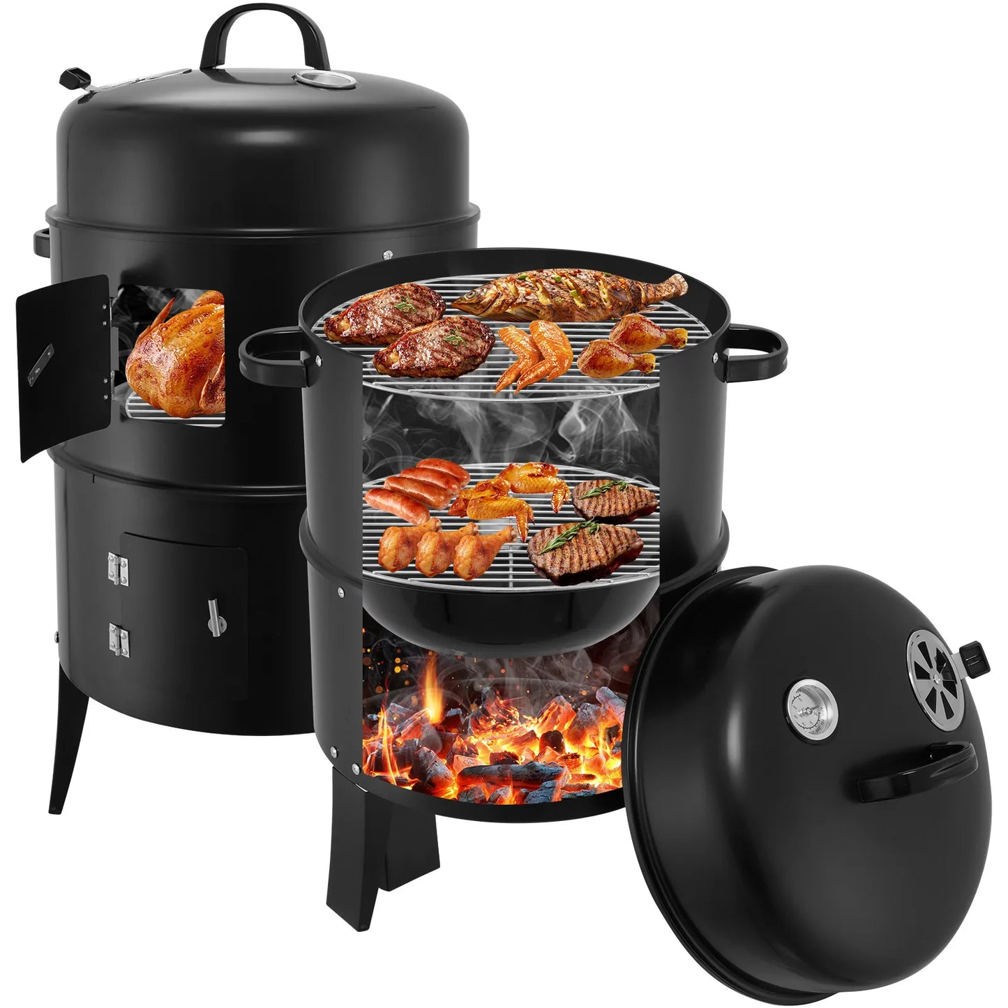 3 in 1 Smoked Grill Has Grilling Vertical Portable Smoker Grill Detachable 2 Layers for Camping Outdoor BBQ Cooking Black