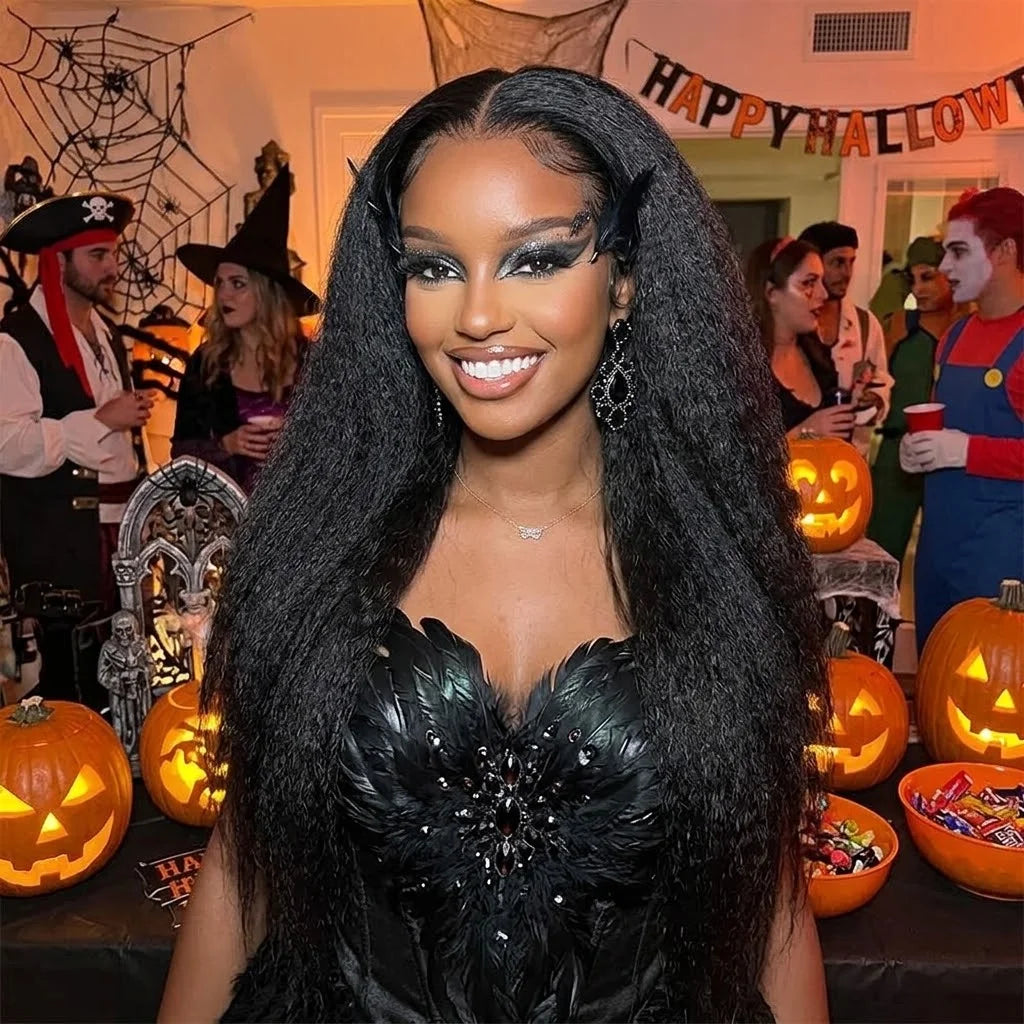 Kinky Straight V Part Wigs Human Hair Brazilian Hair Wigs for Black Women Cosplay Halloween 220% Density Kinky Straight V Part Wig Full Machine Made Wig