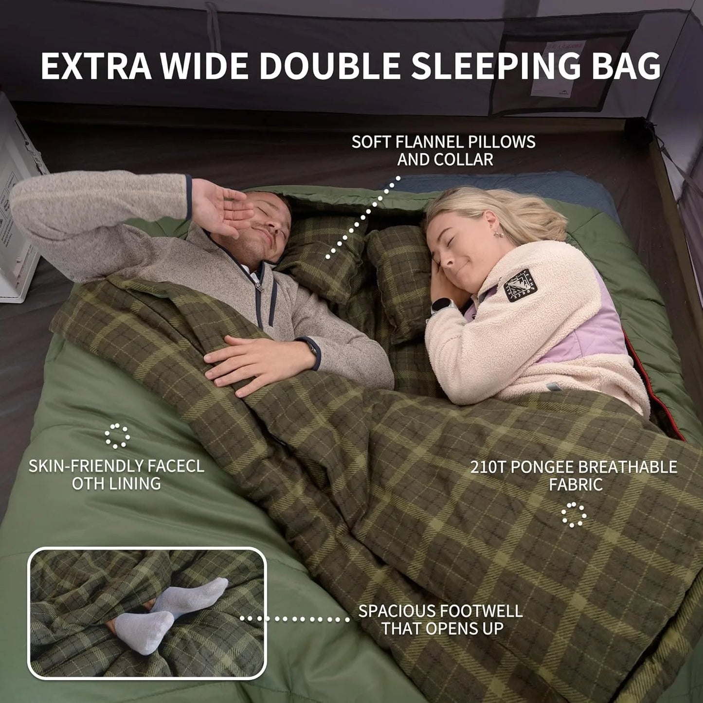 Flannel Two Person Sleeping Bag with Pillows Portable Camping Sleeping Bag Cold Weather Keep Warm for Two Adults