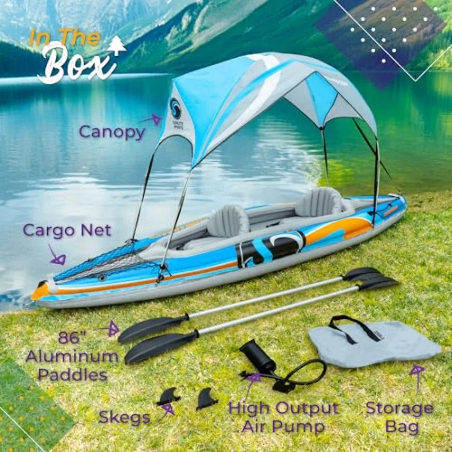 2 Person Inflatable Kayak For Lakes And Rivers, PVC Material, Blue, Includes Sunshade Canopy High Output Air Pump Storage Bag A