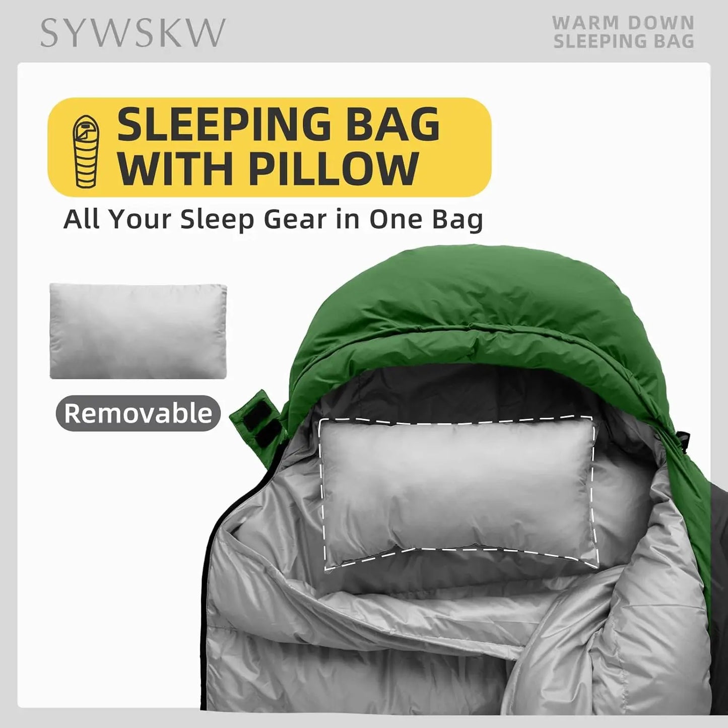 Down Sleeping Bag with Pillow, Ultralight 680FP Duck Down, 15°F/32°F/46°F 3-Temperature Rating for Backpacking Hiking Camping, Women Men Youth
