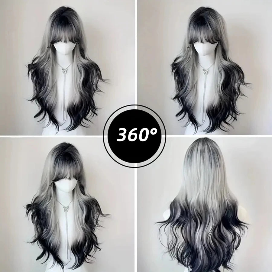 26-Inch Long Black And White Curly Waves Synthetic Hair Wig Soft Comfortable Rose Net for Everyday Parties Holidays