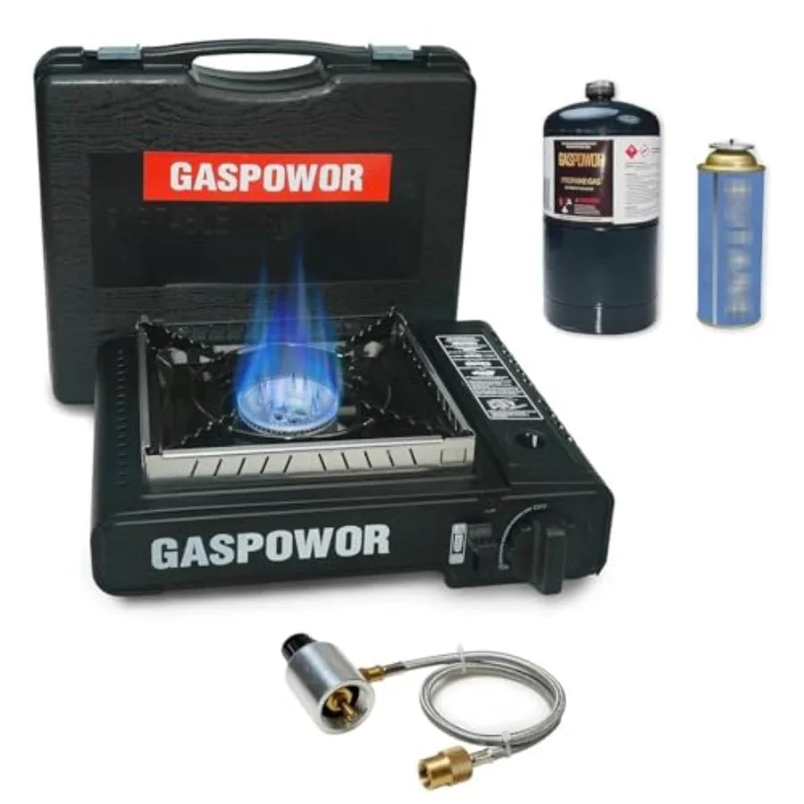 Propane or Butane Stove with Windblocker, Dual Fuel 10, 000 BTU Portable Gas stove for Camping, Automatic Ignition Gas Stove wi
