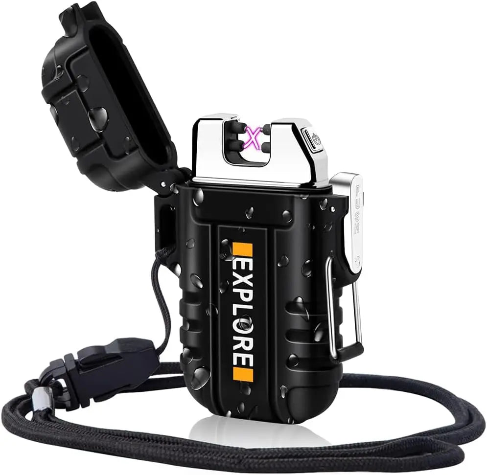Windproof Dual Arc USB Rechargeable Flameless Plasma Lighter Waterproof for Camping Hiking Survival Gear Gifts