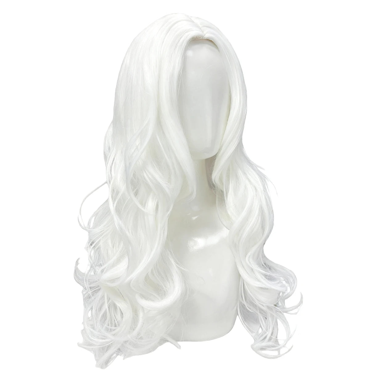 Pure White Premium Synthetic Fiber Long Curly Wig Big Waves Fluffy Voluminous Spiral Curls Middle Part with Bangs Heat Resistant Adjustable Cap for Women Girls Cosplay Party Halloween Costume Role Play Stage Show Photo Shoot