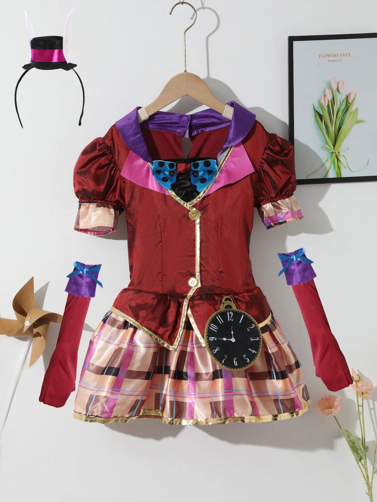 Girls vintage fancy dress costume set includes plaid skirt dress, mini top hat headband and matching arm sleeves, great for Halloween, tea party theme and kids cosplay activities.