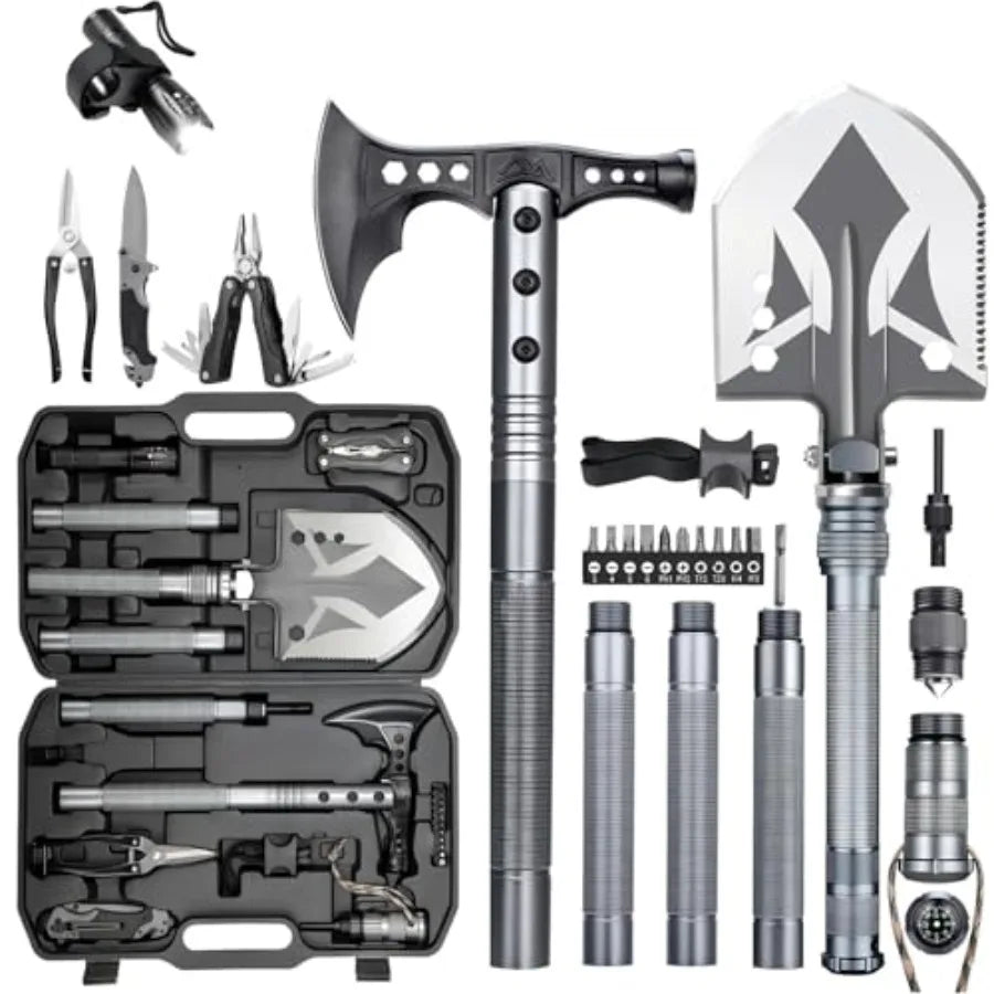 Multifunctional Folding Tactical Shovel Hatchet Combo with Axe Flashlight and Extension Handles in Black for Camping Cycling Hiking