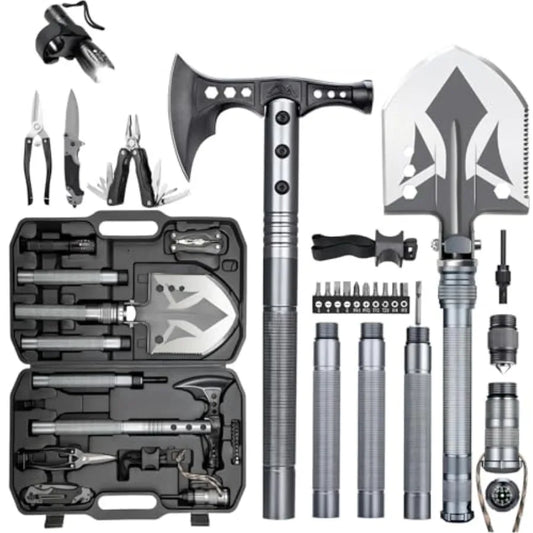 Multifunctional Folding Tactical Shovel Hatchet Combo with Axe Flashlight and Extension Handles in Black for Camping Cycling Hiking
