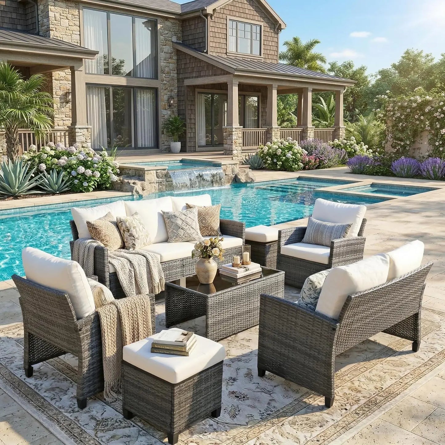 7 Piece Outdoor Wicker Patio Furniture Set, Rattan Sectional Sofa Conversation Set with Coffee Table & Cushions,