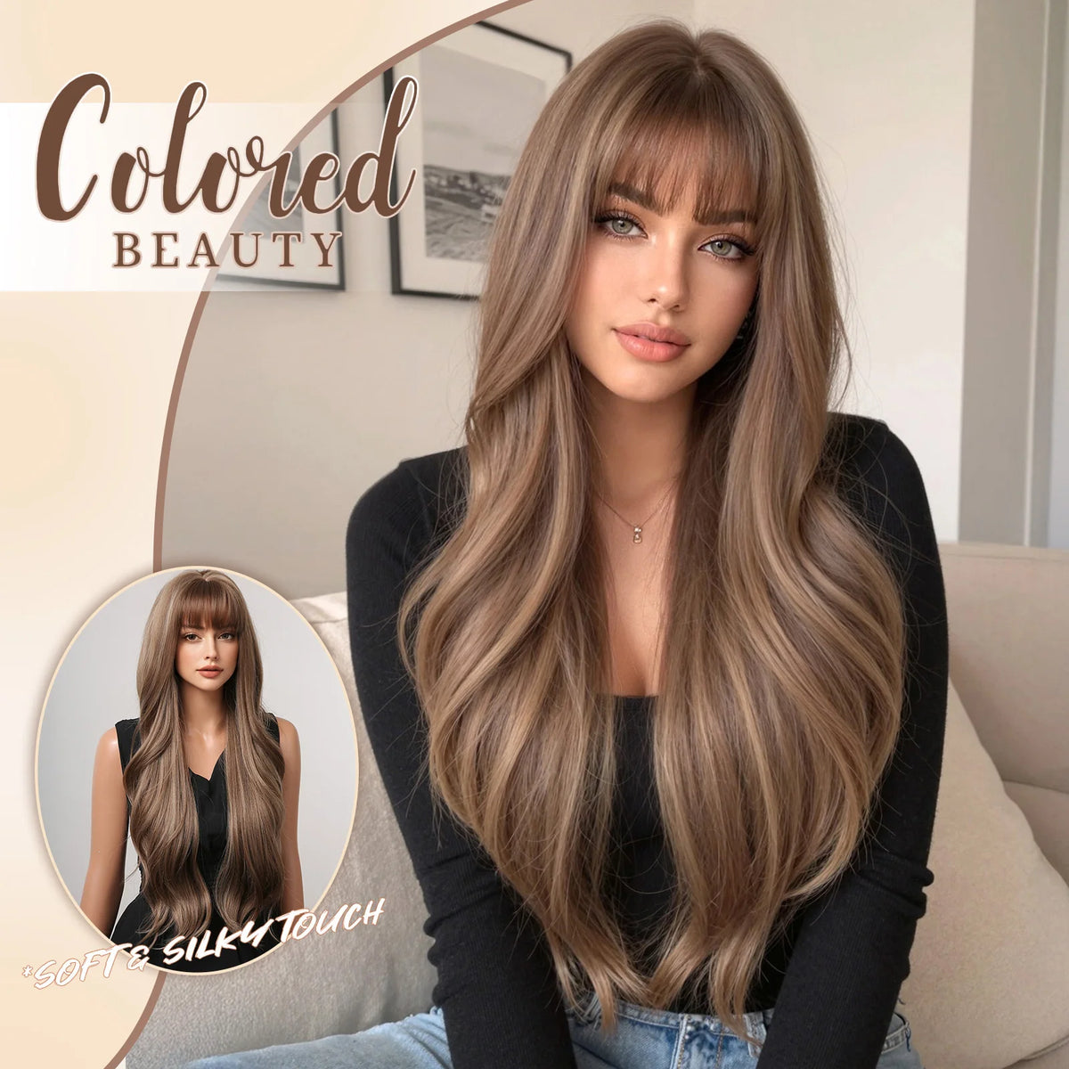 Halloween Wig TopShe Long Wave Wig with Bangs for Woman Brown Wig with Blonde Highlights Synthetic Wig Heat Resistant Loose Wave Daily Wear Natural Looking 28 Inch Ash Brown Layered Hair Soft Silky Natural Bio-Scalp Wigs