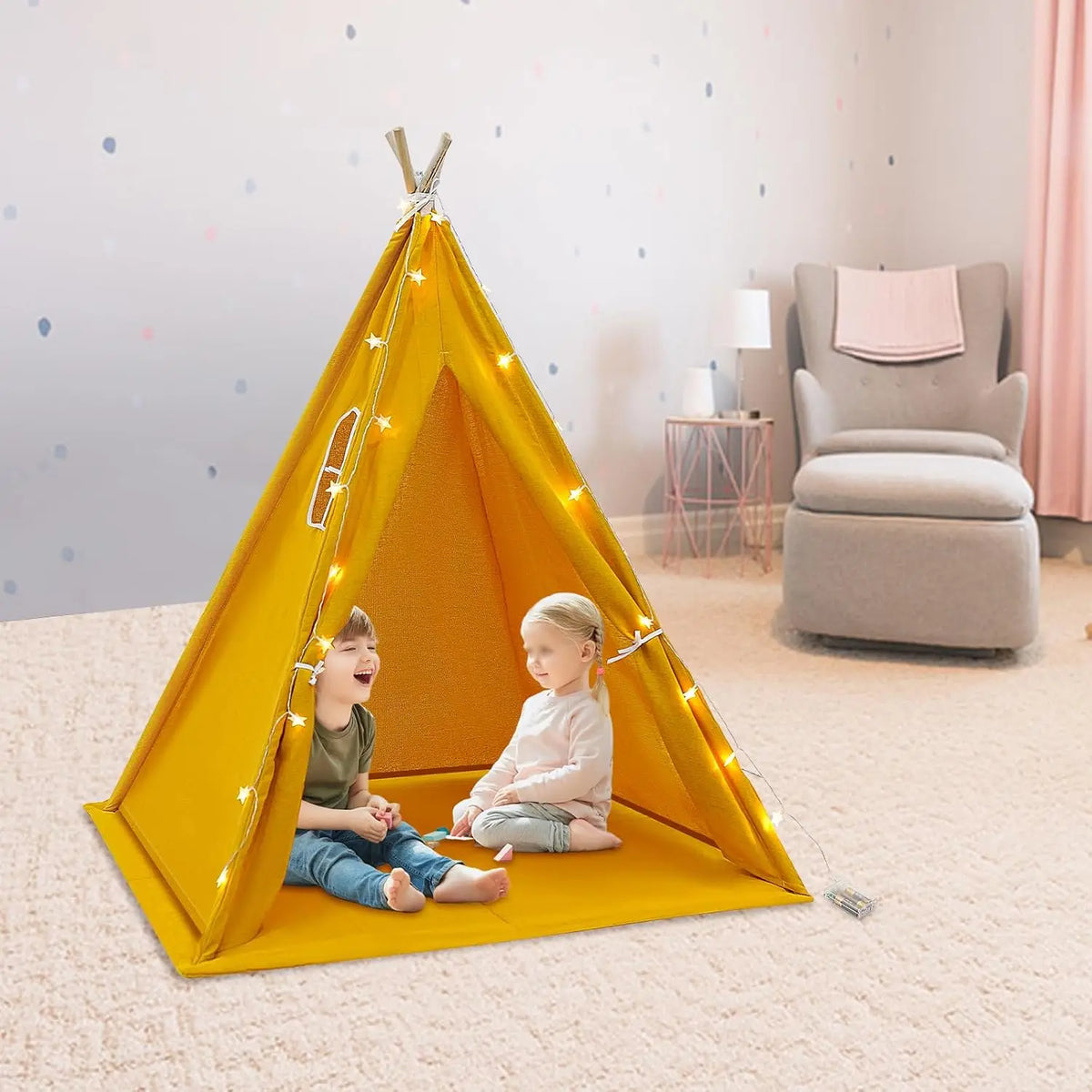 NEW Teepee Tent for Children, Children's Tent with Floor Mat and Fairy Lights, Foldable Cotton Play Tent, Playhouse for Indoor and Outdoor Use, 120 x 120 x 140 cm (Yellow)