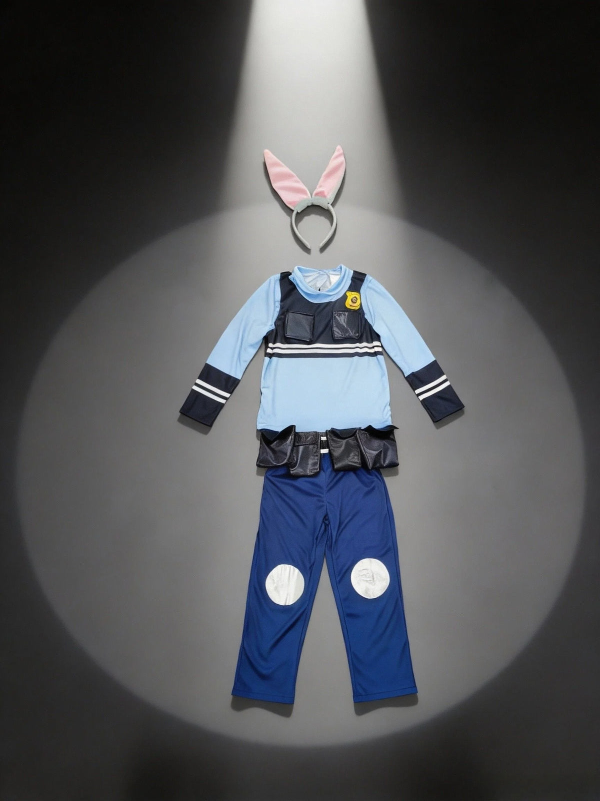 Girls police role play costume set includes long sleeve top, matching trousers and bunny ear headband, suitable for Halloween fancy dress, themed parties and kids stage performances.