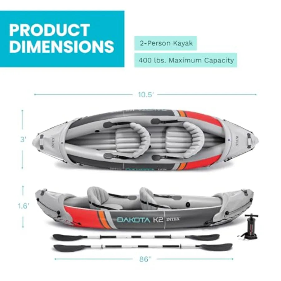 2-Person Inflatable Kayak Set Dakota K2 with 86in Oars and Pump in Blue for Outdoor Water Sports with Quick Inflation and Durable