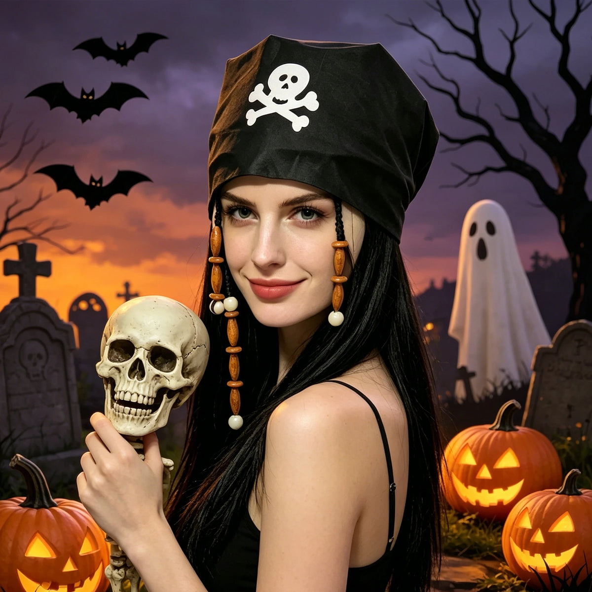 Women Halloween Pirate Print-Bandana-Straight With-Skull-Print Headpiece Party Accessories Wig Straight Straight Cosplay
