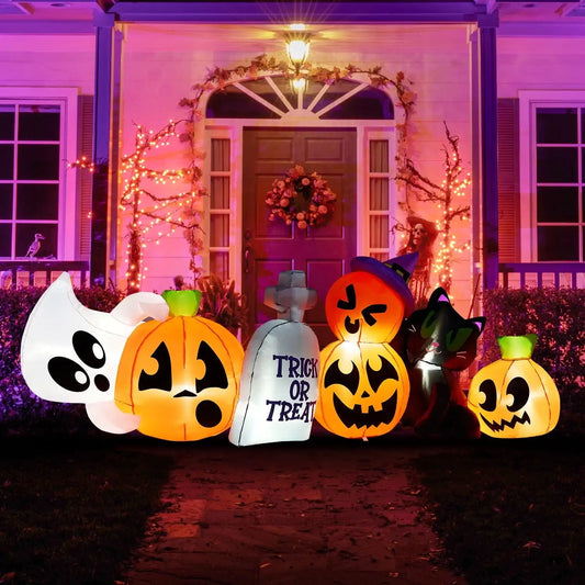 8 ft Long Pumpkin Ghost Cat Halloween Inflatables Characters Long Light Up  Tombstone Halloween Blow up Yard Decorations