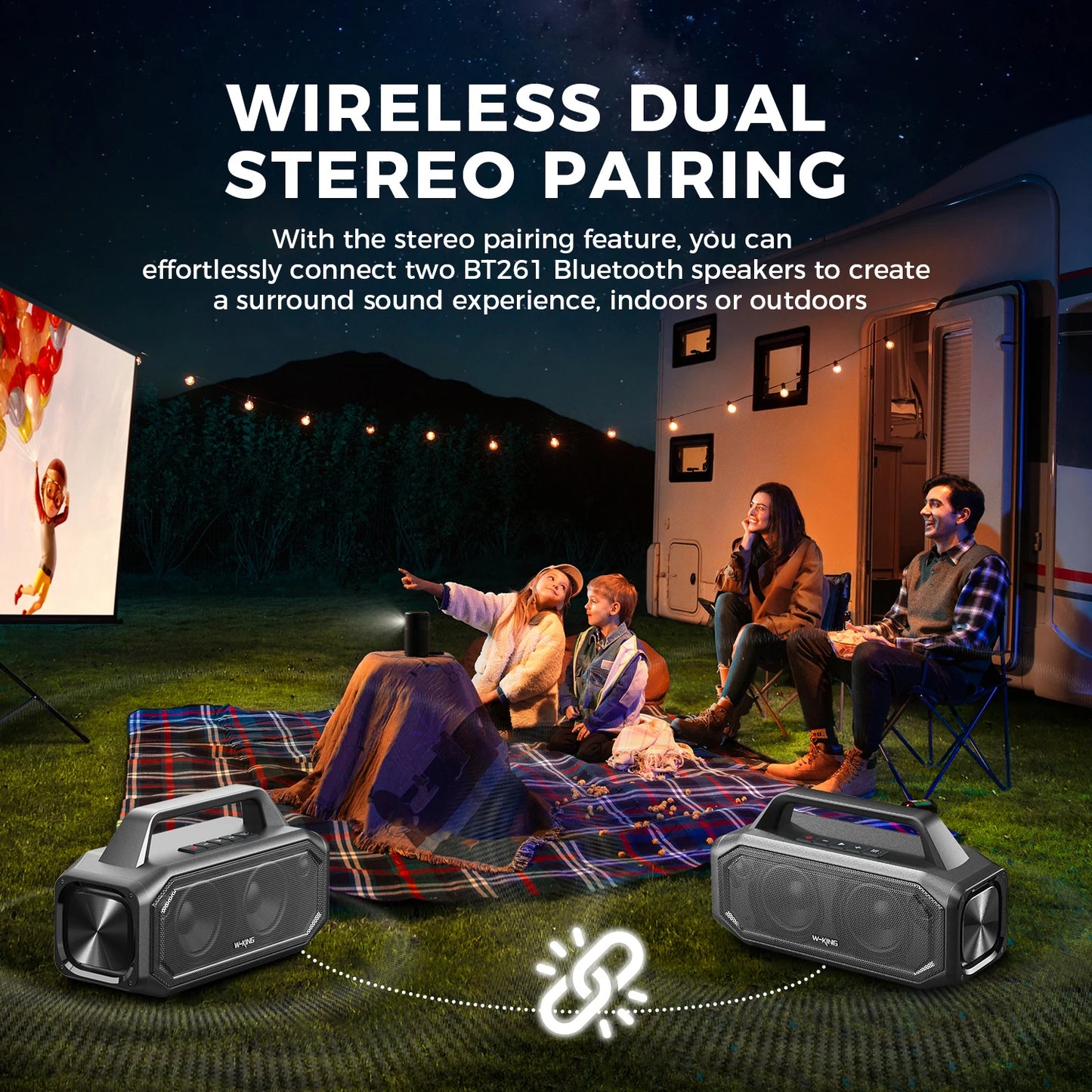 W-KING BT261-2 Bluetooth Wireless, 80W Portable Outdoor Speakers Loud with Bass Boost, Stereo Pairing, Reverse Charging, IPX6 Waterproof