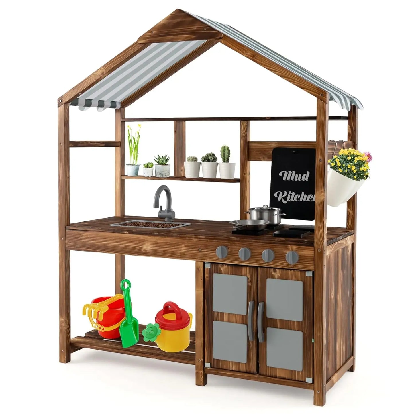 Mud Kitchen with Canopy, Fir Wood Play Kitchen for Toddlers, Garden Sink, Stoves, Chalkboard, Storage Cabinet, Customized