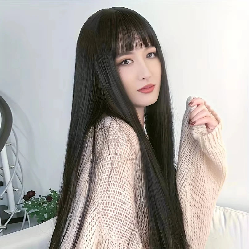 Black Long Straight Hair Synthetic Wig for Halloween Party Cosplay Wig for Daily Use, High-Temperature Hair Accessory Wig